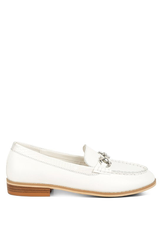 Chic women's horsebit loafers with hardware in white leather by Babe Beachwear