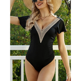 Babe Beachwear chic women's resort swimwear flutter sleeves black one-piece swimsuit with beige lace detail