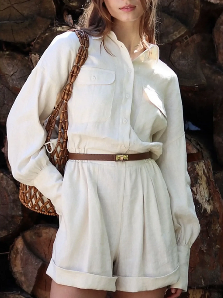 Trendsi classy long sleeve romper in beige with button front and brown belt detail