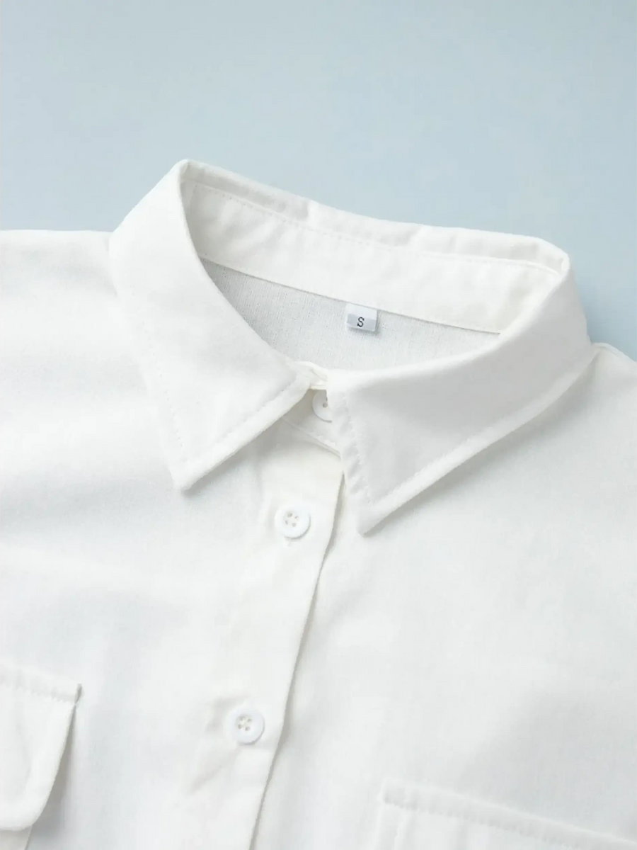 Trendsi Classy Long Sleeve Romper close-up of white collar and buttons with pocket detail