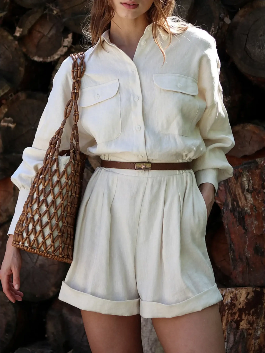 Trendsi Classy Long Sleeve Romper in cream with button-up front and brown belt