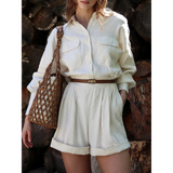 Trendsi Classy Long Sleeve Romper in cream with button-up front and brown belt