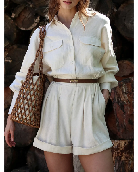 Trendsi Classy Long Sleeve Romper in cream with button-up front and brown belt