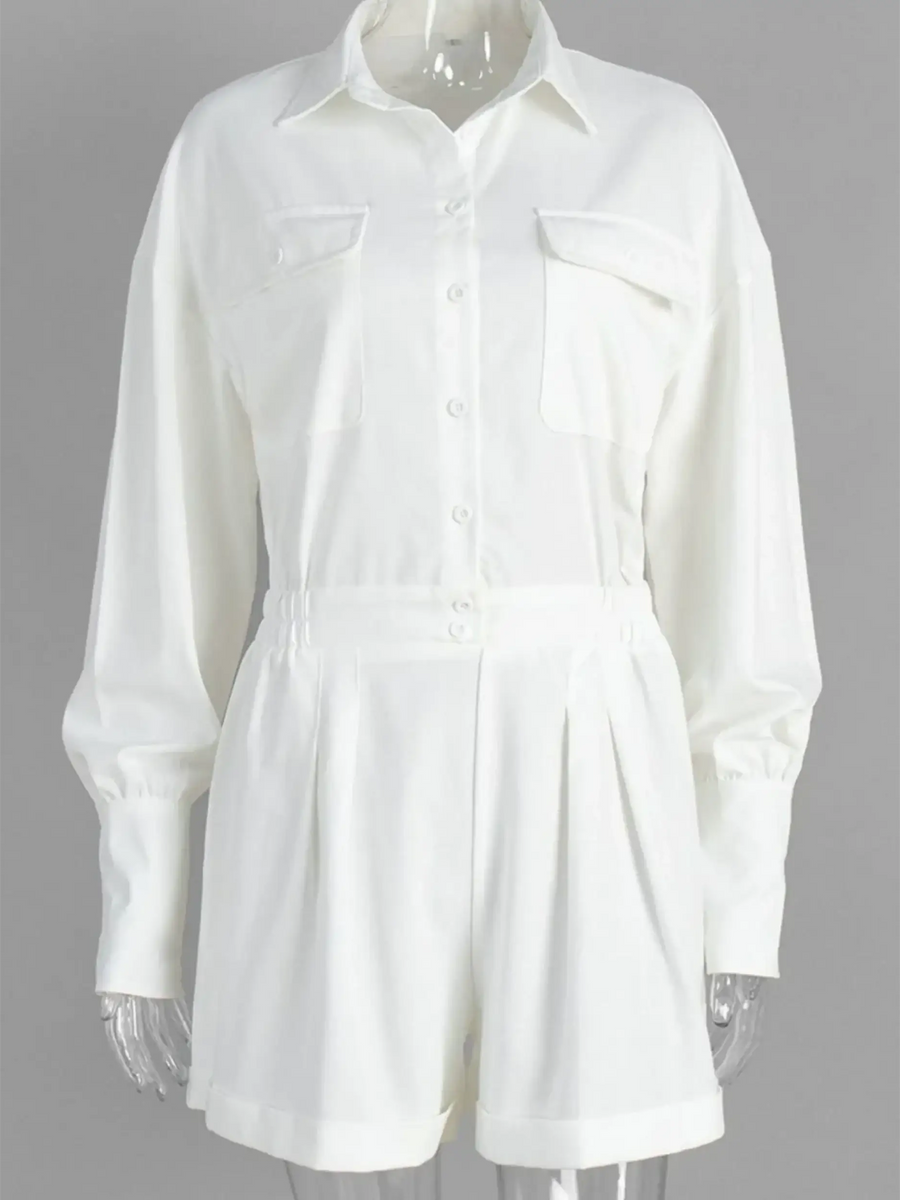 Trendsi classy long sleeve romper in white with button front and chest pockets