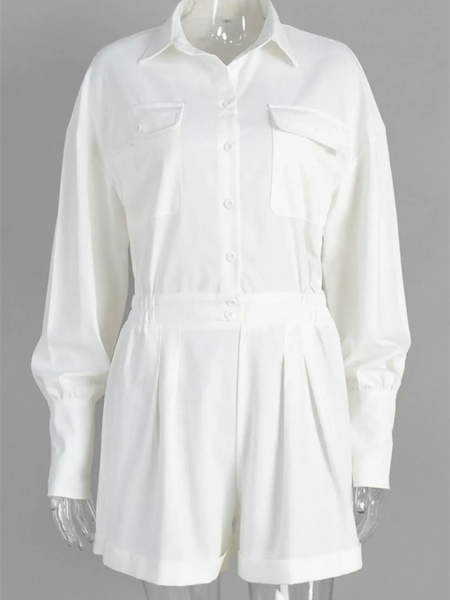 Trendsi classy long sleeve romper in white with button front and chest pockets
