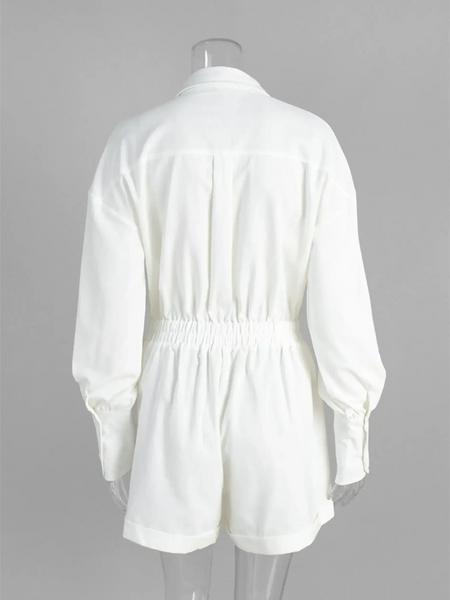 Trendsi Classy Long Sleeve Romper in white with elastic waist and buttoned cuffs shown from back