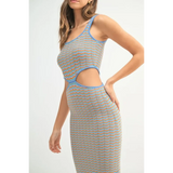 chevron knit bodycon midi dress with cutout detail in blue and orange zigzag pattern