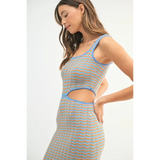 chevron knit bodycon midi dress in blue and orange with cutout detail on side