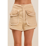 Trendsi beige High Rise Cargo Shorts with large front pockets and double button closure