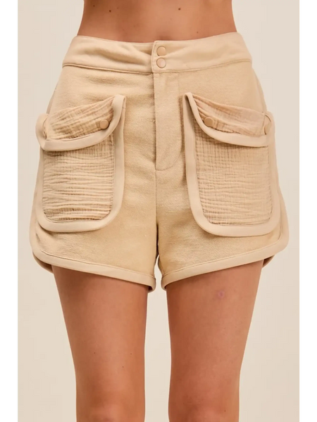 Trendsi beige High Rise Cargo Shorts with large front pockets and double button closure