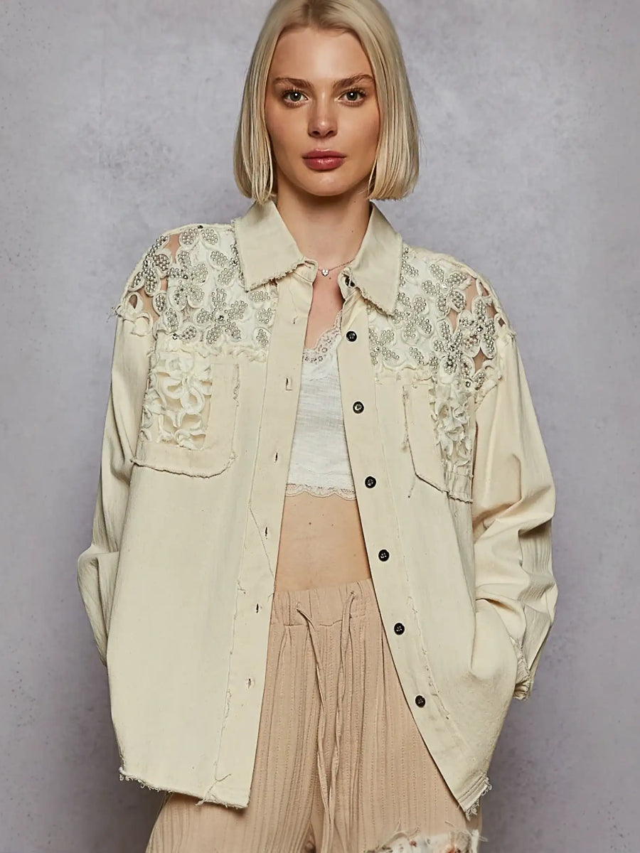 Beige lace-embellished vintage-inspired lightweight summer shirt perfect for warm days
