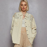 Beige lace-embellished vintage-inspired lightweight summer shirt perfect for warm days