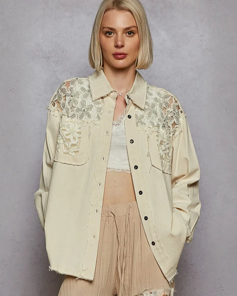 Beige lace-embellished vintage-inspired lightweight summer shirt perfect for warm days