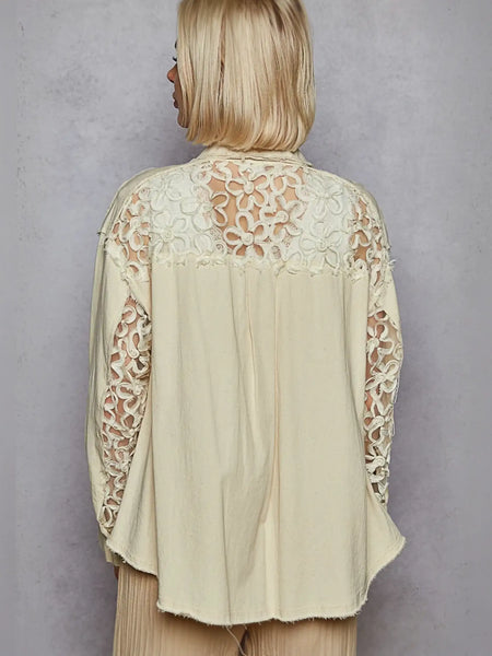 Cream-colored lace-accented vintage-inspired lightweight summer shirt for stylish warm days