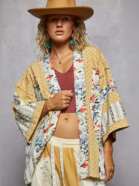 Floral patchwork kimono with ray edge lightweight design from Boho Vibes Ray Edge Kimono