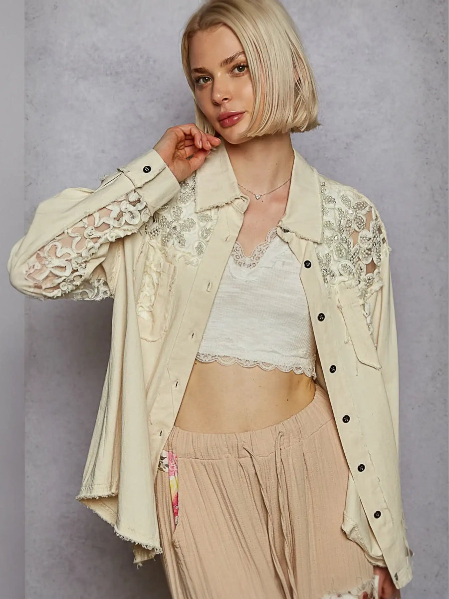 Vintage inspired beige lace shirt with buttons, perfect lightweight summer style