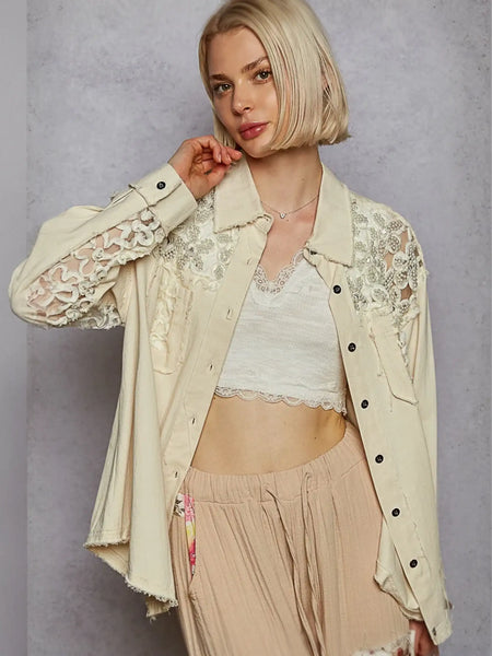Vintage inspired beige lace shirt with buttons, perfect lightweight summer style