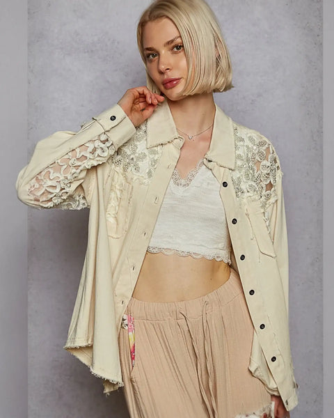Vintage inspired beige lace shirt with buttons, perfect lightweight summer style