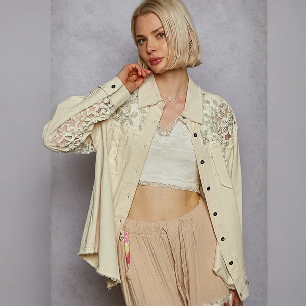 Vintage inspired beige lace shirt with buttons, perfect lightweight summer style