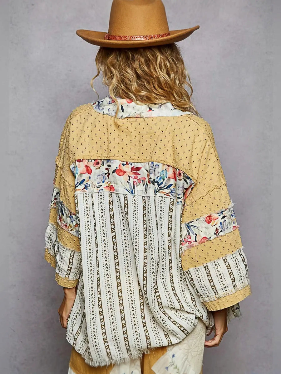 Patchwork-style kimono with floral and striped patterns from Boho Vibes Ray Edge Lightweight collection