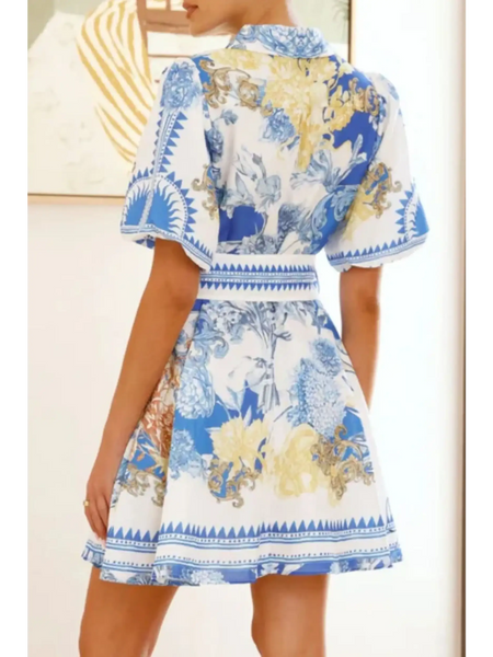 Trendsi collared summer beach dress floral print mini dress with short sleeves and fitted waist