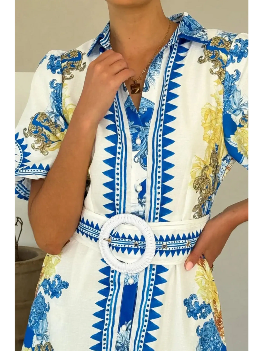 Trendsi collared summer beach dress mini dress with blue and yellow floral pattern and white belt