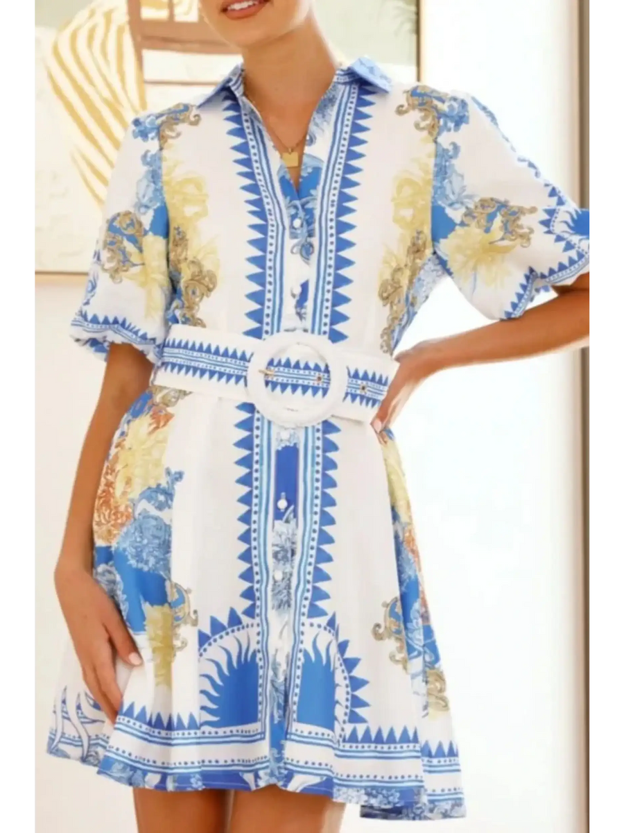 Trendsi collared summer beach dress mini dress with blue and yellow pattern and belted waist