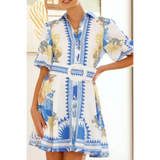 Trendsi collared summer beach dress mini dress with blue and yellow pattern and belted waist