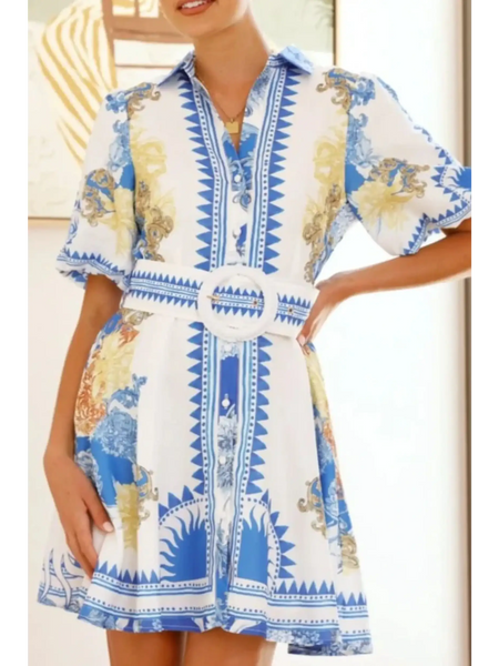Trendsi collared summer beach dress mini dress with blue and yellow pattern and belted waist