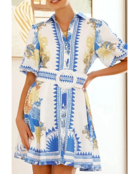Trendsi collared summer beach dress mini dress with blue and yellow pattern and belted waist
