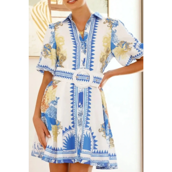Trendsi collared summer beach dress mini dress with blue and yellow pattern and belted waist