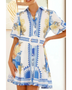 Trendsi collared summer beach dress mini dress with blue and yellow pattern and belted waist