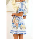 Trendsi collared summer beach dress mini dress with blue and beige floral patterns