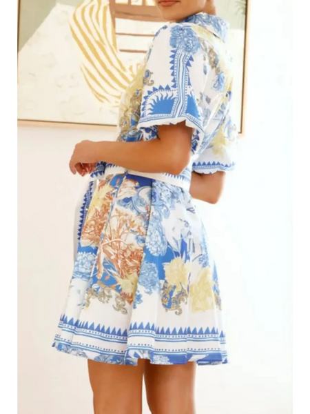 Trendsi collared summer beach dress mini dress with blue and beige floral patterns