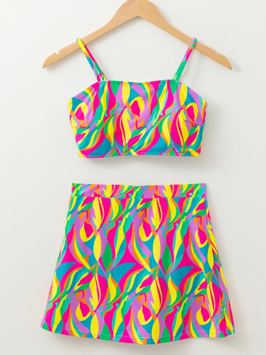 Trendsi colorful highwaisted bikini for women with vibrant abstract pattern top and skirt set