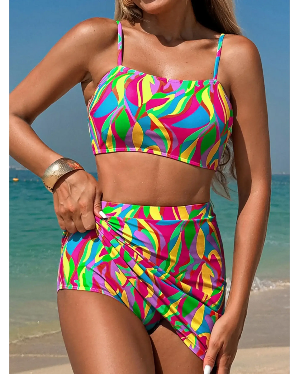 Colorful highwaisted bikini for women with vibrant abstract pattern by Trendsi on beach