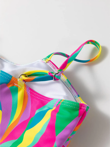 Close-up of colorful highwaisted bikini for women with vibrant multicolor wavy pattern by Trendsi