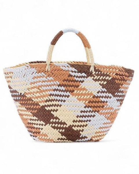 Colorful straw beach tote bag by Babe Beachwear with woven pattern in neutral tones