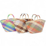 Colorful straw beach tote bag by Babe Beachwear in vibrant and earthy striped patterns