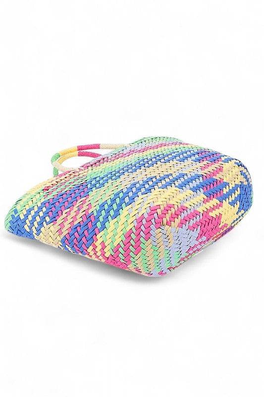 Colorful straw beach tote bag by Babe Beachwaer with a vibrant woven pattern perfect for summer