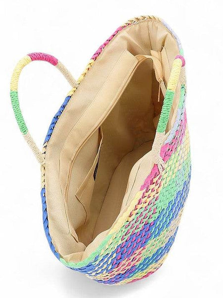 Colorful straw beach tote bag with spacious interior and dual handles from Babe Beachwear