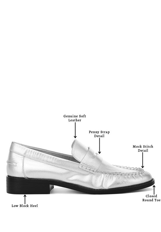 Babe Beachwear comfortable slip-on loafers for travel in silver with low block heel and penny strap detail