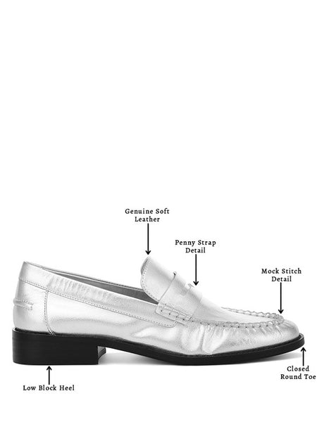 Babe Beachwear comfortable slip-on loafers for travel in silver with low block heel and penny strap detail