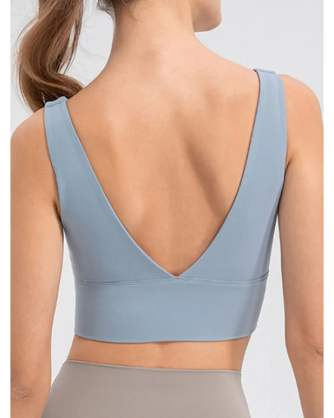 Back view of Babe Beachwear comfortable summer exercise tank in light blue with deep V-cut and wide straps