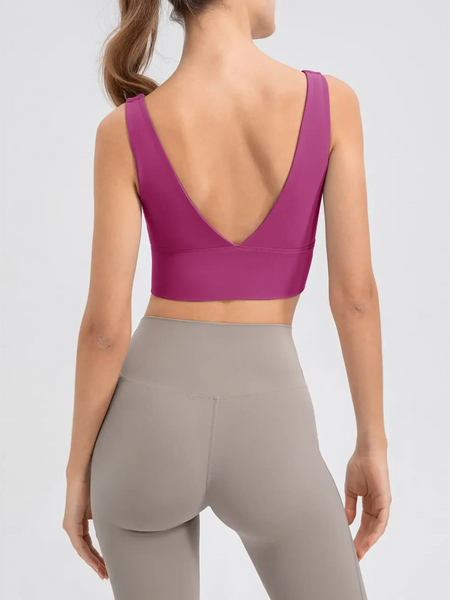 Babe Beachwear comfortable summer exercise tank in purple with deep back V design shown from rear