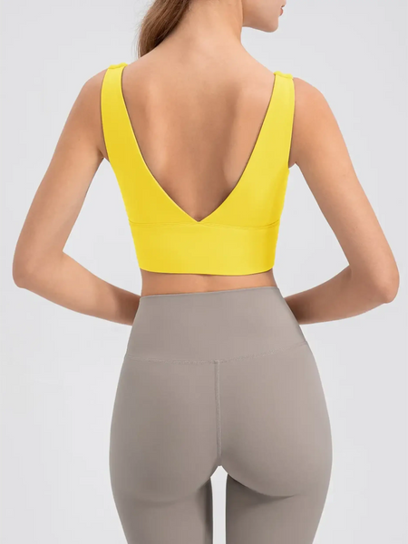 Babe Beachwear yellow active tank with deep V back designed as a comfortable summer exercise tank