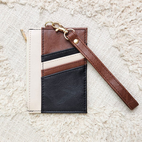 Babe Beachwear Compact Wrist Wallet and Card Case in brown black and beige with wrist strap