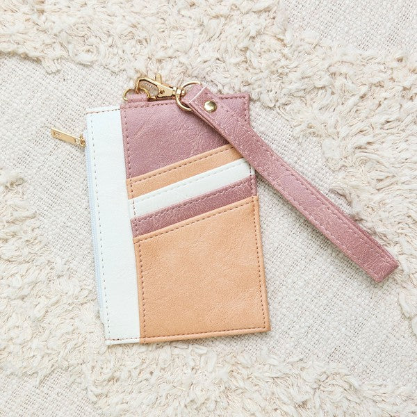 Babe Beachwear Compact Wrist Wallet and Card Case in pink beige and white with wrist strap