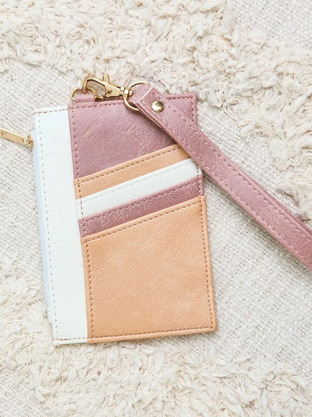 Babe Beachwear Compact Wrist Wallet and Card Case in pink beige and white with wrist strap