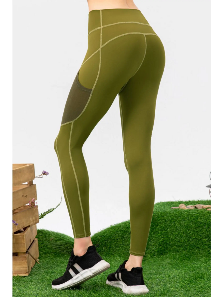 Trendsi olive green compression slim fit workout pants for women with contrast stitching
